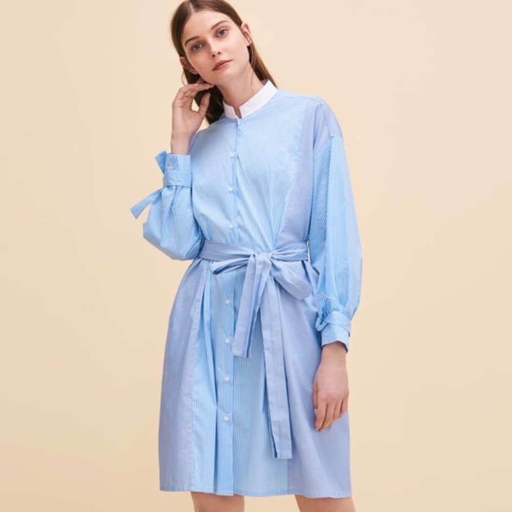 MAJE Rarty / Carty blue pinstripe pattern dress button down tie belt waist